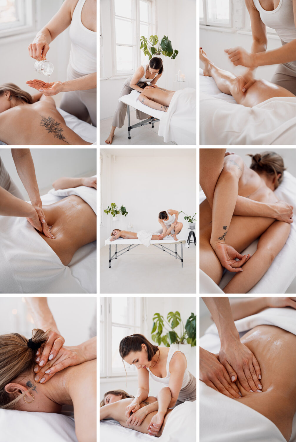 Kolaż zdjęć przedstawiających różne etapy masażu manualnego